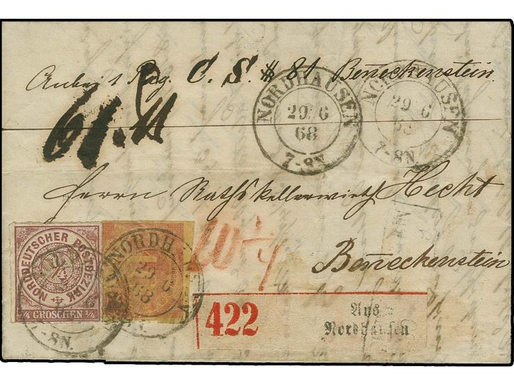 1 Gr. bräunlichlila in Mischfrankatur mit Preußen 1866, 10 Sgr. rosarot mit kurzem Bogenoberrand, mit Preußen-DKr. "NORDHAUSE