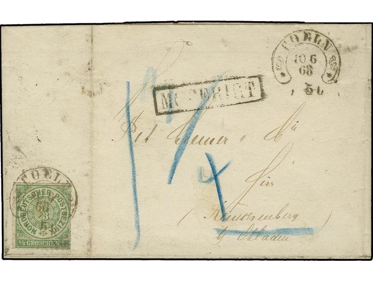 1/3 Gr. gelblichgrün mit Hufeisenstempel "COELN 10 6 68" (Spalink Nr. 4-7) auf Ortsfaltbrief mit Ra. "MODERIRT" und Blaustift