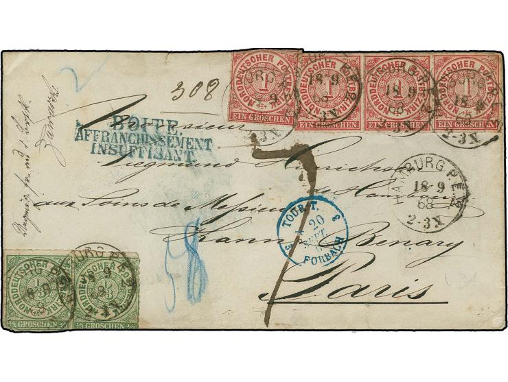 1/3 Gr. gelblichgrün (2) und 1 Gr. karmin waagerechter 3er-Streifen und Einzelmarke mit EKr. "HAMBURG P.E.2. 18 9 68" auf unz