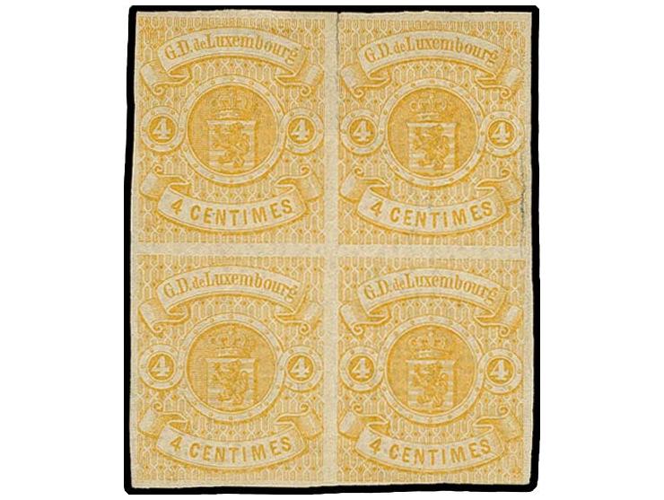 4 c. yellow, block of 4, tiny touched at bottom right, otherwise good margins, unused without gum; vertical fold between the 