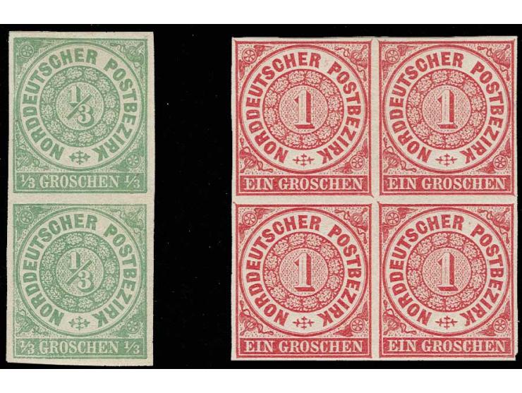 1/3 Gr. grün im senkrechten Paar und 1 Gr. karmin im 4er-Block, je voll- bis breitrandig undurchstochen, ungebraucht mit Orig