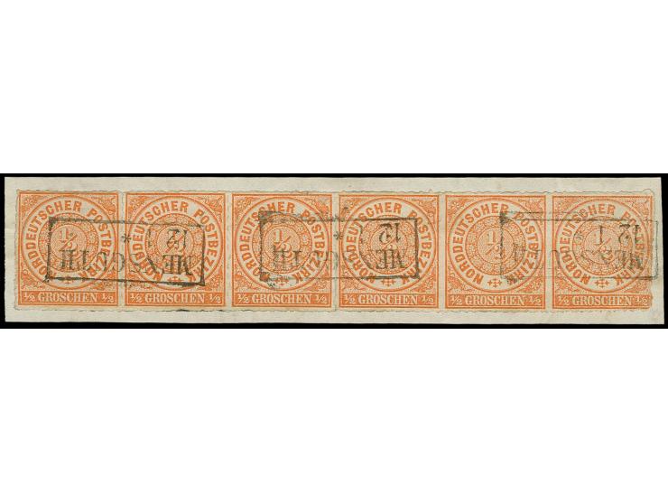½ Gr. orange, waagerechter 6er-Streifen mit Preußen-Ra2 "MENSGUTH / 12 1" auf Briefstück, dabei zwischen der 4., 5. und 6. Ma