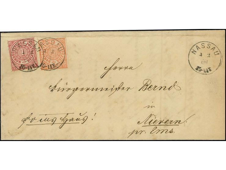 ½ Gr. orange und 1 Gr. karmin mit EKr. "NASSAU 4 2 69" auf Faltbrief nach Nievern im Landzustellbezirk von Ems mit handschrif