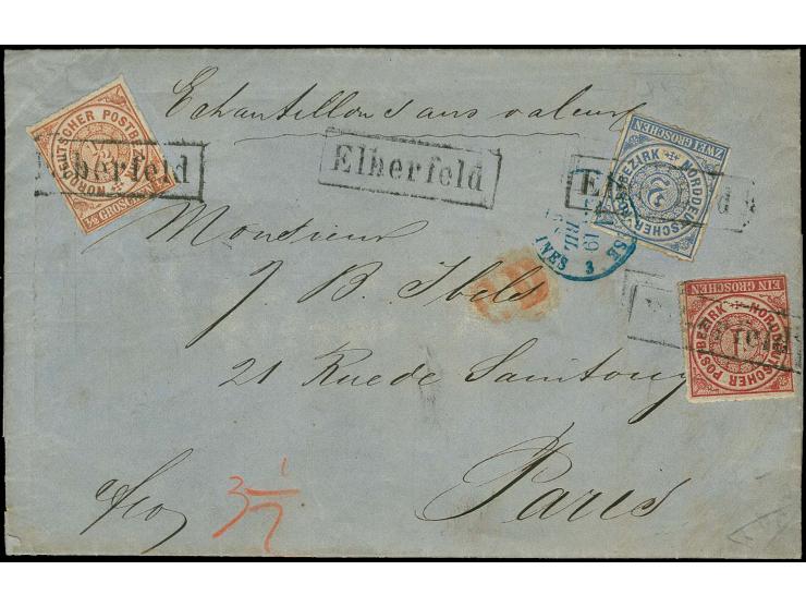 ½ Gr. orange, 1 Gr. karmin und 2 Gr. grauultramarin mit Bahnpoststations-Aufgabestempel R. "Elberfeld" auf Faltbrief nach Par