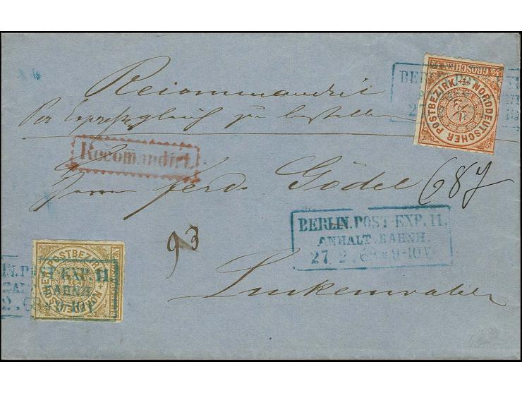 ½ Gr. orange und 5 Gr. ockerbraun mit blauem Ra3 "BERLIN POST-EXP. 11. / ANHALT. BAHNH. / 27 2 68" auf eingeschriebenem Eilbo