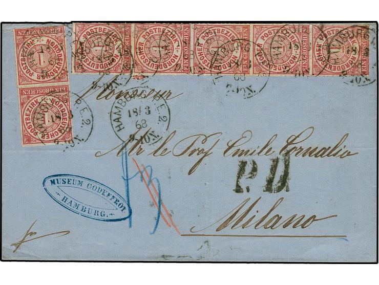 1 Gr. karmin, senkrechter 5er-Streifen und senkrechtes Paar mit EKr. "HAMBURG P.E.2. 18/3 68" als Mehrfachfrankatur auf Faltb