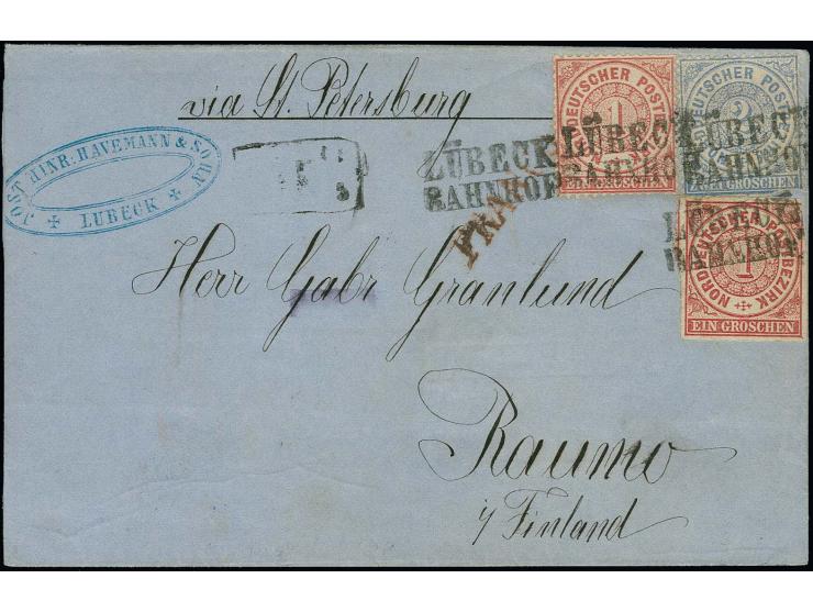 1 Gr. karmin und gezähnte Ausgabe 1 Gr. karmin und 2 Gr. grauultramarin mit L2 "LÜBECK / BAHNHOF" und rückseitigem Bahnpostst