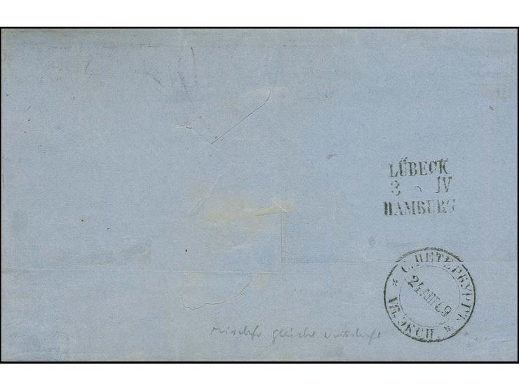 1 Gr. karmin und gezähnte Ausgabe 1 Gr. karmin und 2 Gr. grauultramarin mit L2 "LÜBECK / BAHNHOF" und rückseitigem Bahnpostst