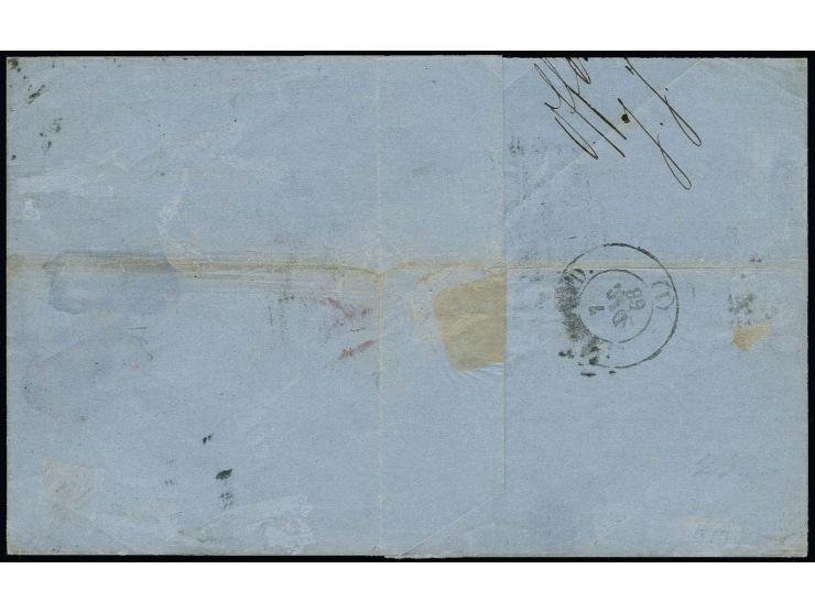 3 Kr. karmin und 18 Kr. ockerbraun mit EKr. "OFFENBACH 3/12 68" auf Faltbrief nach Madrid (Spanien) mit Ovalstempel "Prusia",