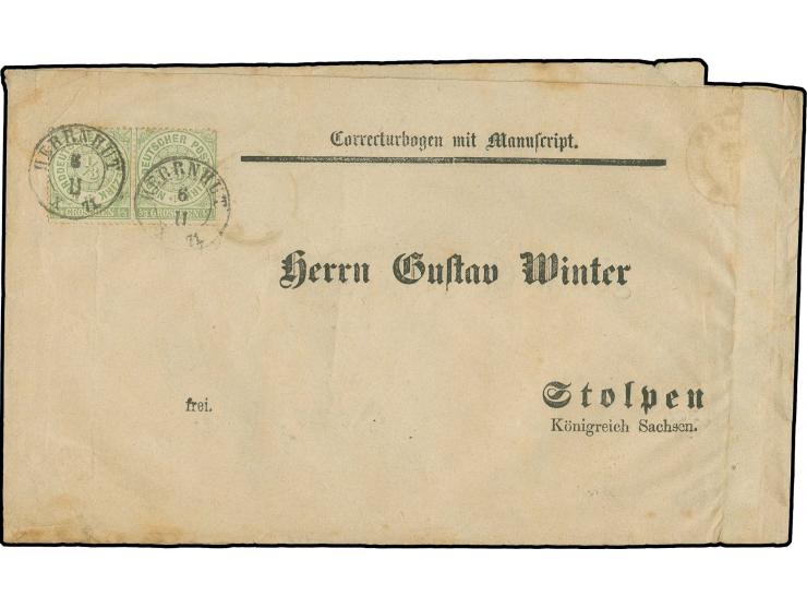 1/3 Gr. grün mit Sachsen-DKr. "STOLPEN 28 I 71" auf "Correcturbogen mit Manuscript" nach Herrenhut und gewendet zurückgesandt