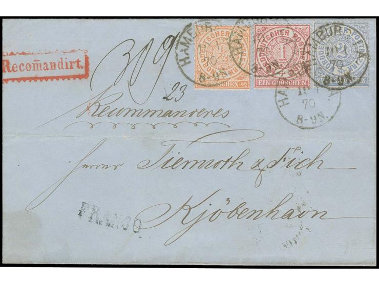 ½ Gr. orange, 1 Gr. karmin und 2 Gr. grauultramarin mit EKr. "HAMBURG I. A. 10 1 70" auf eingeschriebenem Faltbrief nach Kope