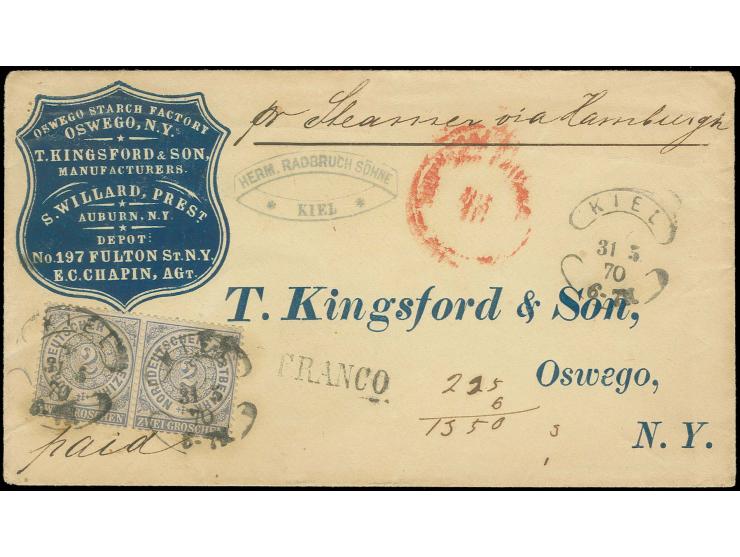 2 Gr. grauultramarin im waagerechten Paar mit Wurststempel "KIEL 31 5 70" auf dekorativem Firmenumschlag via Hamburg und New 