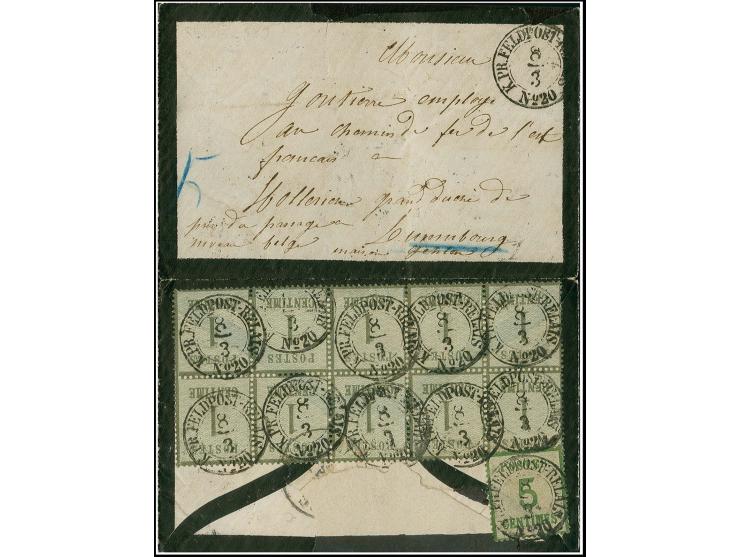 1870, Spitzen nach oben 1 C. olivgrün im waagerechten 10er-Block zusammen mit 5 C., jede Marke mit sauber aufgesetztem "K.PR.