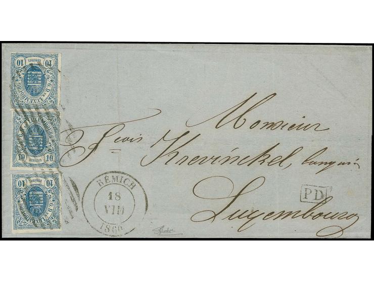 10 c. dark-blue, 3 single copies, all with clear to wide margins, tied by circle of bars to not quite complete lettersheet fr