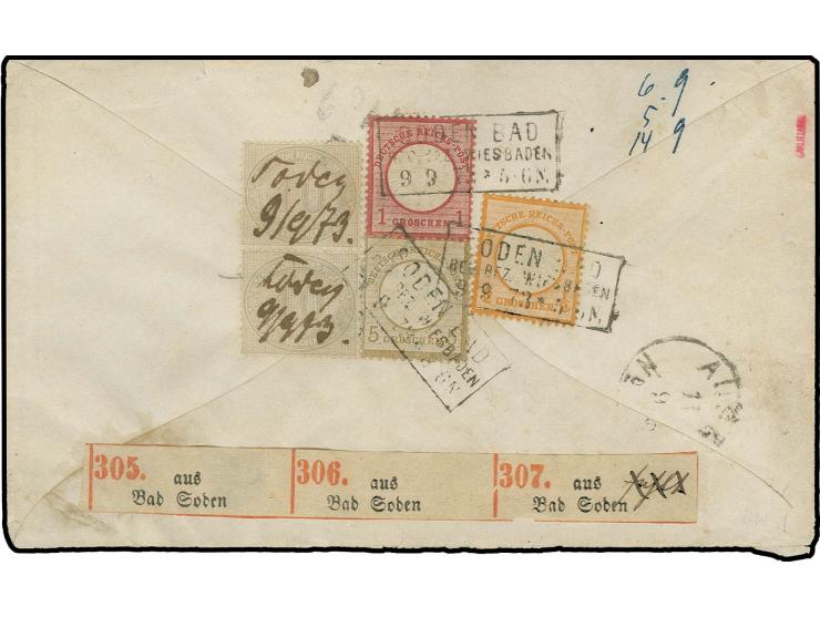 10 Gr. im senkrechten Paar zusammen mit Kleiner Schild 5 Gr. und Großer Schild ½ Gr. und 1 Gr. rückseitig auf Paketbegleitbri