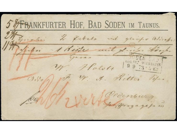 10 Gr. im senkrechten Paar zusammen mit Kleiner Schild 5 Gr. und Großer Schild ½ Gr. und 1 Gr. rückseitig auf Paketbegleitbri
