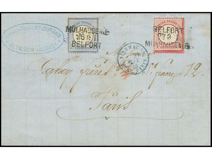 1 Gr. karmin und 2 Gr. blau auf Briefhülle von Altkirch im Elsaß nach Paris, die 2 Gr. mit Bahnpost-L3 "MÜLHAUSEN i. E. / 26 