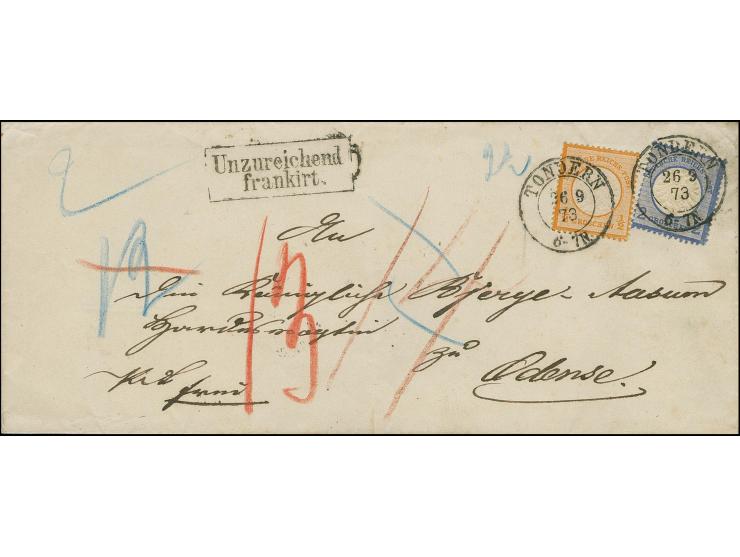 2 Gr. blau und 1/2 Gr. orange, je farbfrisch und gut gezähnt auf unterfrankierter Briefhülle der 2. Gewichtsstufe von "TONDER