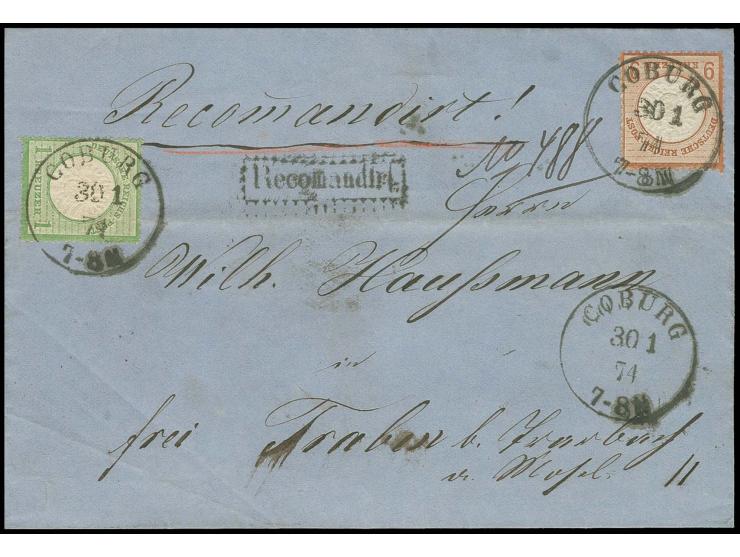 1 Kr. gelblichgrün und 9 Kr. rötlichbraun mit EKr. "COBURG 30 1 74" auf eingeschriebenem Faltbrief nach Traben, durch die 1 K