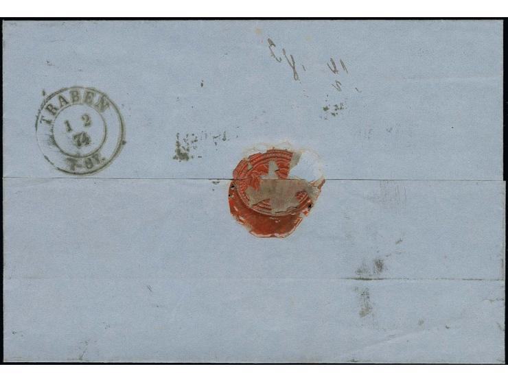 1 Kr. gelblichgrün und 9 Kr. rötlichbraun mit EKr. "COBURG 30 1 74" auf eingeschriebenem Faltbrief nach Traben, durch die 1 K