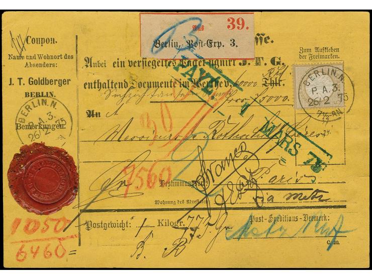 5 Gr. ockerbraun, 2 Einzelwerte vorder- und rückseitig mit 10 Pfge. lilarot auf kpl. Wertpaketkarte von "BERLIN N. P.A.3. 26.