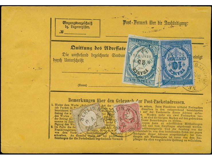 5 Gr. ockerbraun, 2 Einzelwerte vorder- und rückseitig mit 10 Pfge. lilarot auf kpl. Wertpaketkarte von "BERLIN N. P.A.3. 26.