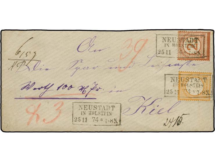 2½ auf 2½ Gr. mit ½ Gr. mit jeweils sauber aufgesetztem Ra3 "NEUSTADT IN HOLSTEIN 25 11 74" auf kleinem Wertbrief-Kuvert nach