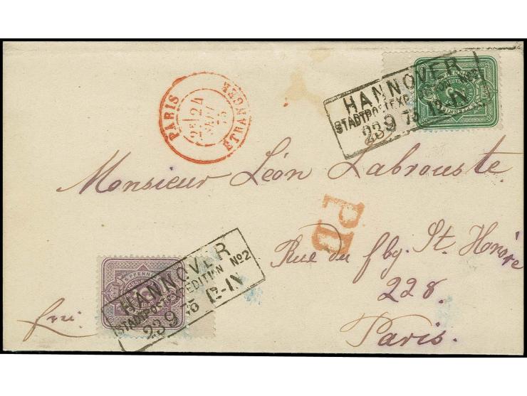 3 Pfge. grün mit  Zwischenstegansatz unten und 5 Pfge. violett mit Ra3 "HANNOVER STADTPOSTEXPEDITION No.2 23.9.75" als portog