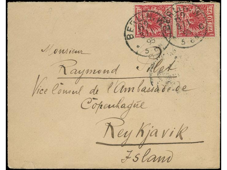 10 Pfg. rot im senkrechten Paar auf Brief von "BERLIN 3.1.95" nach Reykjavik mit Ankunftsstempel, Umschlag unten mit kleinem 