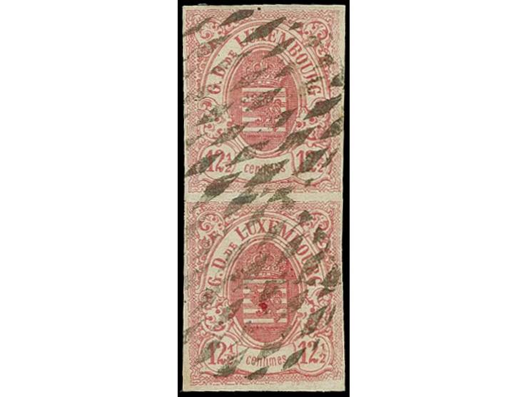 12½ c. rose, vertical pair with clear to wide margins, used with mute cancel of Ettelbruck, very fine, several signature incl