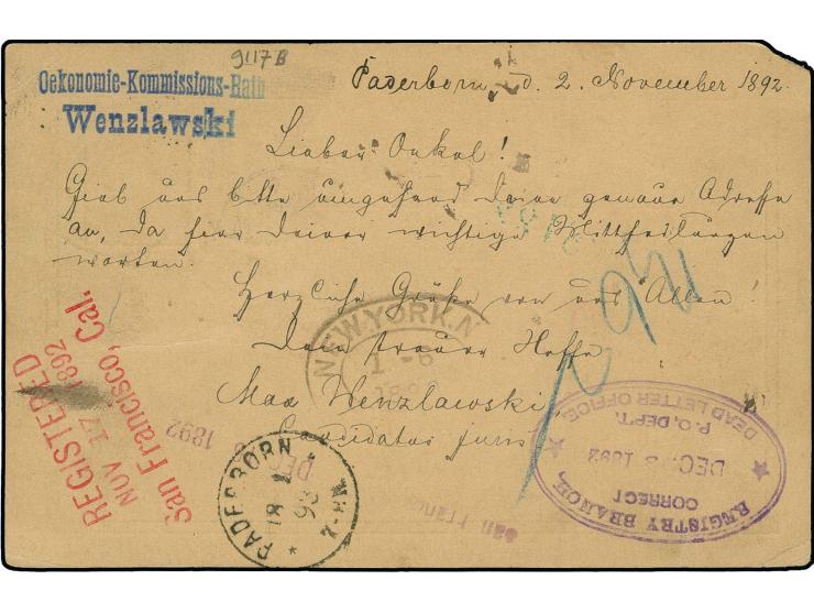 20 Pfg. blau auf Ganzsachenkarte 10 Pfg. als R-Karte von "PADERBORN 2.11.92" via New York mit Transit-R-Zettel nach San Frans