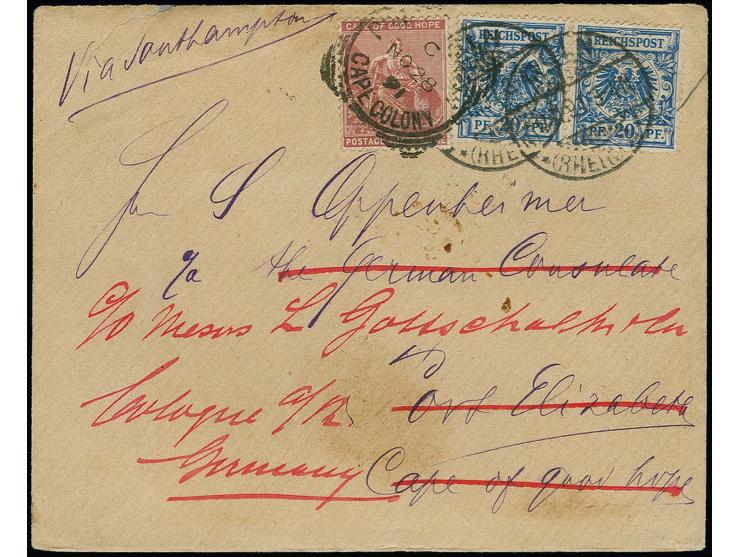 20 Pfg., 2 Stück auf Brief von Köln 1891 nach Port Elizabeth, Kap der Guten Hoffnung, und zurückgesandt, frankiert mit 1882/8