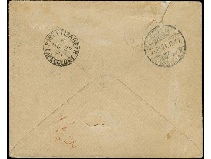 20 Pfg., 2 Stück auf Brief von Köln 1891 nach Port Elizabeth, Kap der Guten Hoffnung, und zurückgesandt, frankiert mit 1882/8