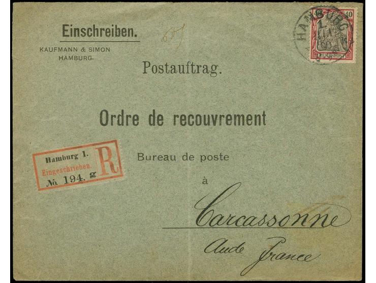 40 Pfg. als portogerechte Einzelfrankatur auf R-POSTAUFTRAG von "HAMBURG 11.1.00" nach Carcssonne, Frankreich mit Ankunftsste