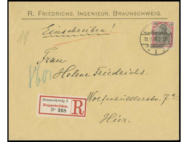 40 Pfg. karmin/schwarz mit Stempel "BRAUNSCHWEIG 31.12.99" auf überfrankiertem R-Ortsbrief, seltene Frühverwendung aus Dezemb