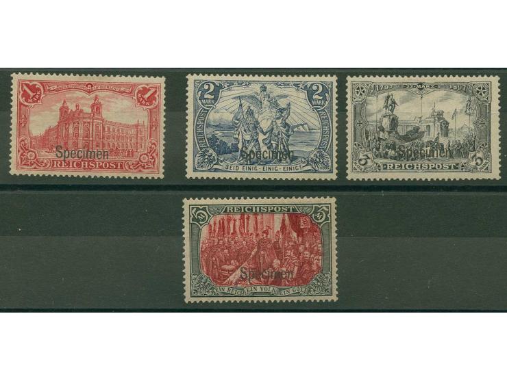 1-5 M. mit Aufdruck "Specimen", dabei 5 M. Type I mit Nachmalung mit Rot und Deckweiß, ungebraucht, Kabinett, sign. Ludin BPP