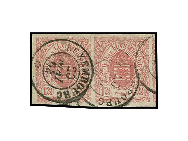 12½ c. rose, horizontal pair with wide to enormous margins, small part of neighbour stamp at right, cancelled by cds. "LUXEMB