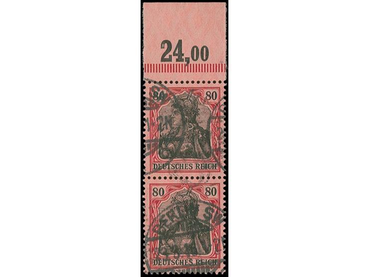 80 Pfg. dunkelrotkarmin/schwarz im senkrechten Paar mit Plattenoberrand (mit Strichelleiste), sauber gestempelt, Kabinett