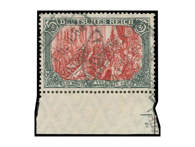 5 M. grünschwarz/dunkelkarmin (gelblichrot leuchtend) mit Unterrand und Plattennummer "17", gestempelt, rechts mit zwei verkü