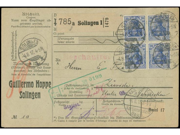 20 Pfg. violettultramarin im Viererblock als portogerechte Mehrfachfrankatur auf kpl. Paketkarte von "SOLINGEN 4.8.17" in die