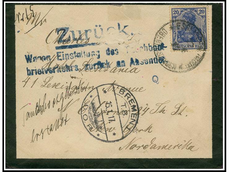 20 Pfg. blau auf Tauchbott-Trauerbrief von "ESSLINGEN 12.1.17" in die USA mit blauem L3 "Zurück-Stempel", Sonderstempel "BREM