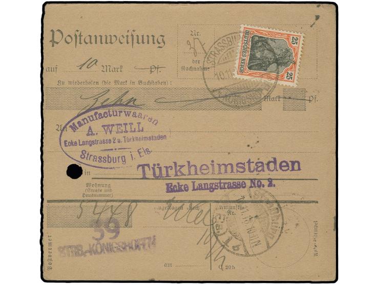25 Pfg. mit Stempel "STRASSBUG-KÖNIGSHOFEN 10.11.18" als portogerechte Einzelfrankatur auf Nachnahme-Postanweisung mit bezahl