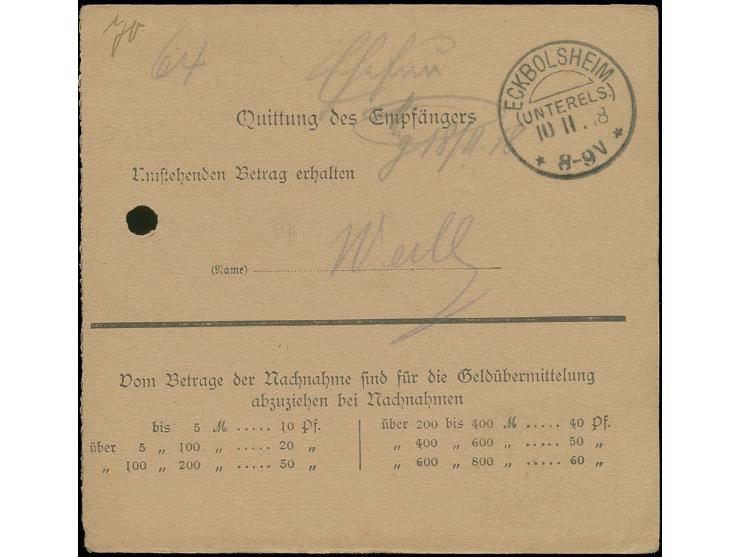 25 Pfg. mit Stempel "STRASSBUG-KÖNIGSHOFEN 10.11.18" als portogerechte Einzelfrankatur auf Nachnahme-Postanweisung mit bezahl