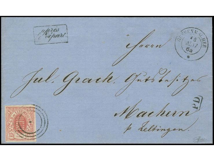 12½ c. rose, clear to wide margins, tied by clear strike of 3-ring cancel to lettersheet with adjacent cds. "GREVENMACHER 14 