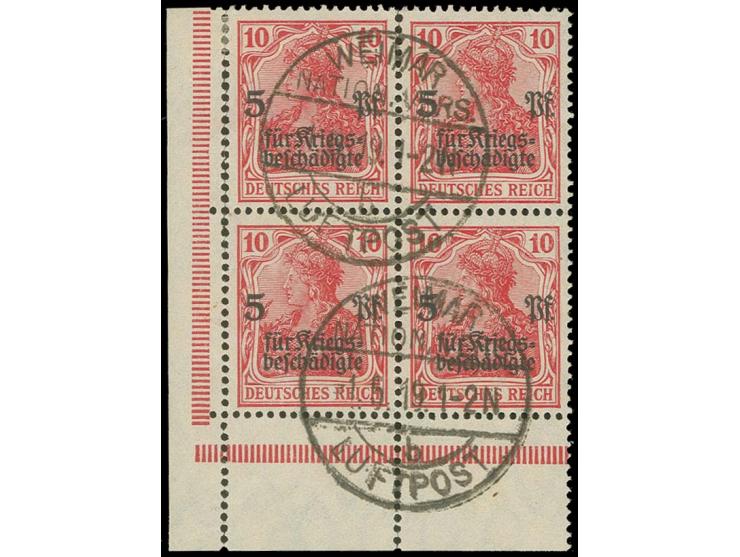1919, Kriegsbeschädigte 10 + 5 Pfg. rot im Viererblock aus der linken unteren Bogenecke, sauber gestempelt, links im Rand ang