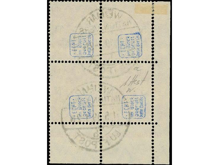 1919, Kriegsbeschädigte 10 + 5 Pfg. rot im Viererblock aus der linken unteren Bogenecke, sauber gestempelt, links im Rand ang