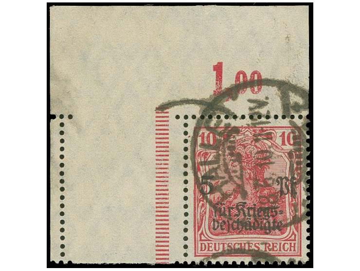 Kriegsbeschädigte 10 + 5 Pfg. dunkelrosarot aus der linken oberen Bogenecke mit Blindfeld links durch Bogenverschnitt, gestem