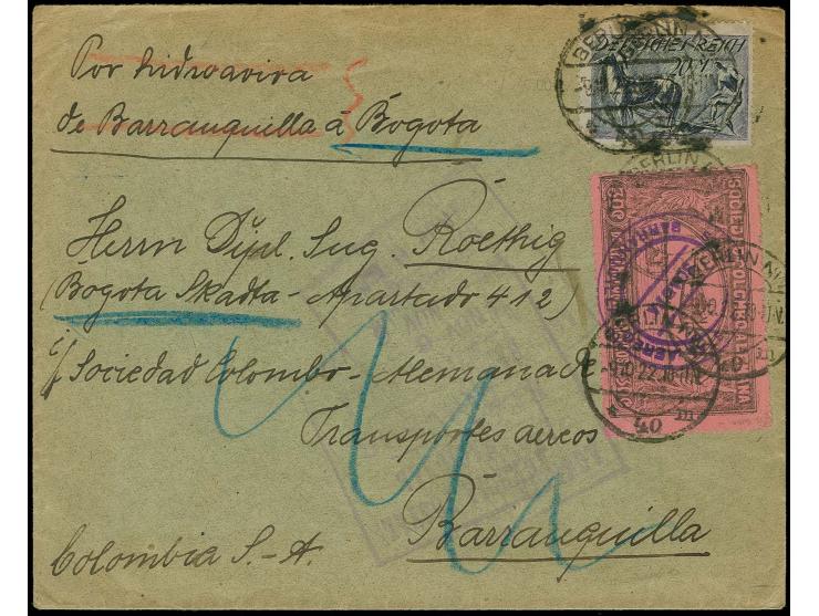 20 M. Pflüger und Scadta Flugpostmarke 30 C. schwarz auf rosa je mit Stempel "BERLIN 9.10.22" auf Brief mit Leitvermerk "Por 