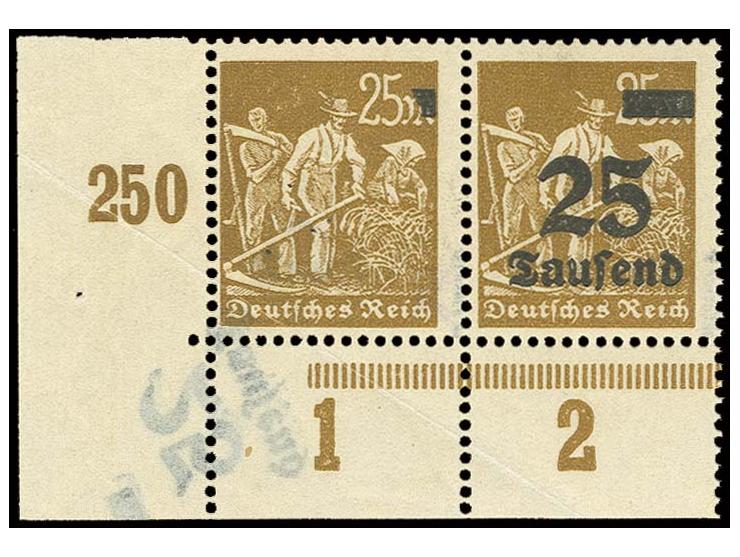 Hochinflation: 25 Tsd. auf 25 M., waagerechtes Paar aus der linken unteren Bogenecke, durch Bogenumschlag die linke Marke fas
