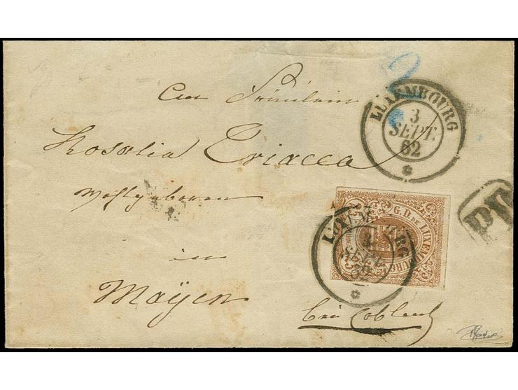 25 c. brown, clear to large margins, tied by cds. "LUXEMBOURG 3 SEPT. 62" to small lettersheet (upper sideflap missing) to Ma
